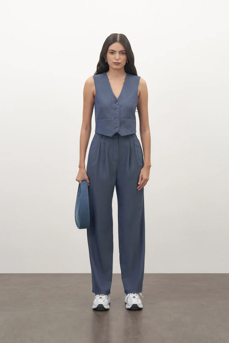 Steel Blue High Waisted Wide Leg Trousers kevincollin.com