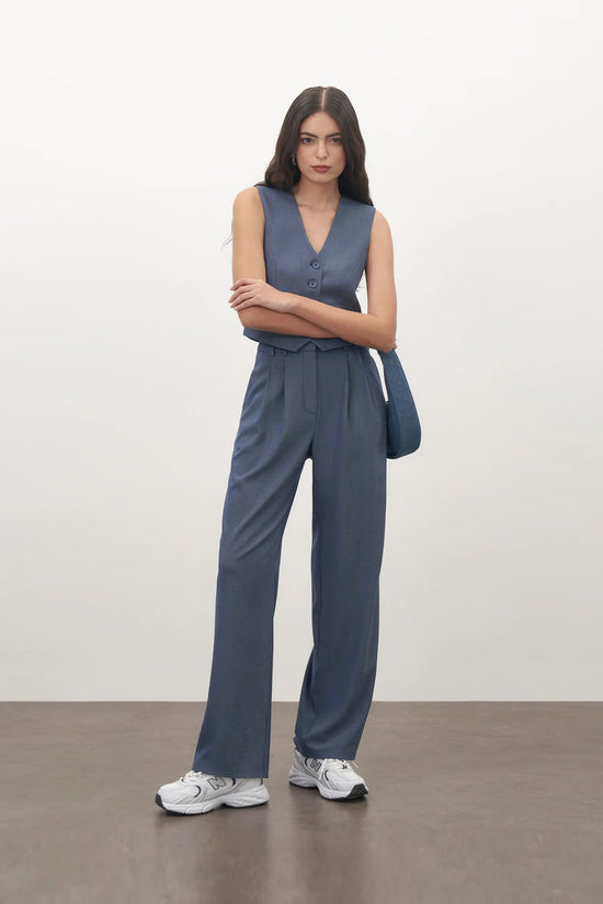 Steel Blue High Waisted Wide Leg Trousers kevincollin.com