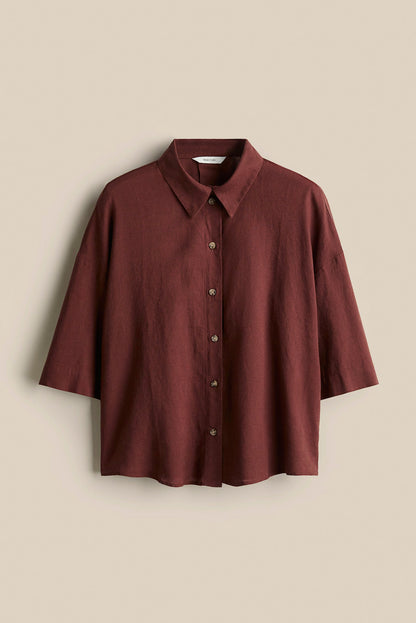 Mocha Brown Linen Luxe Oversized Shirt kevincollin.com