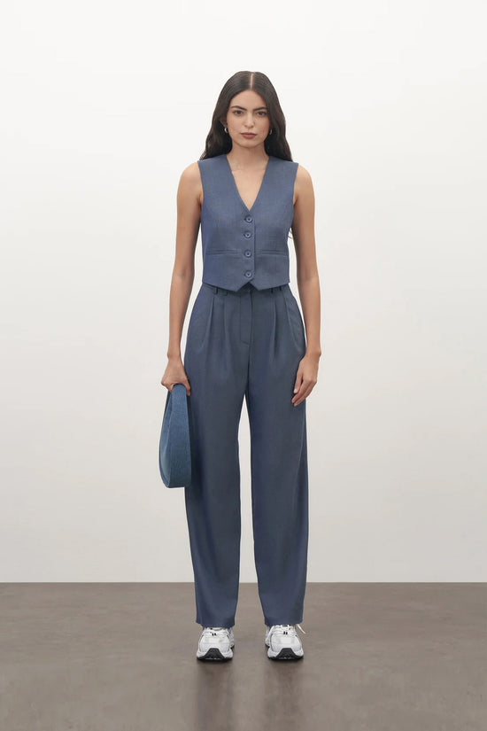 Steel Blue High Waisted Wide Leg Trousers kevincollin.com