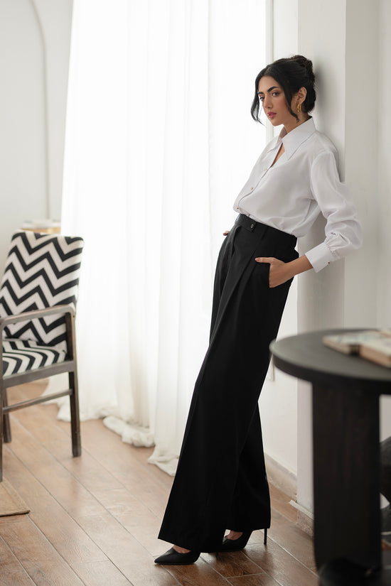 Black Long Wide Leg Slacks kevincollin.com