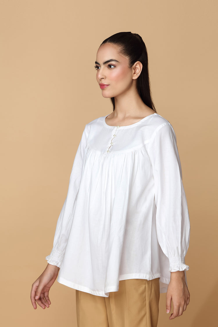 White Cotton Gathered Blouse kevincollin.com