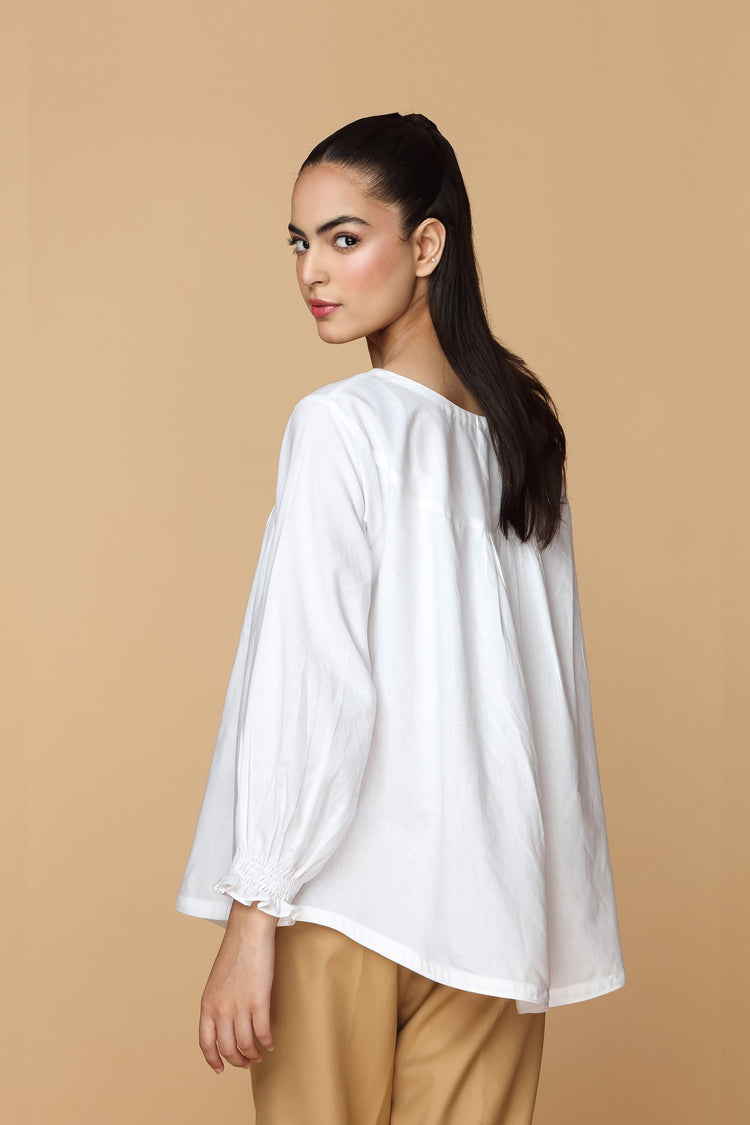 White Cotton Gathered Blouse kevincollin.com